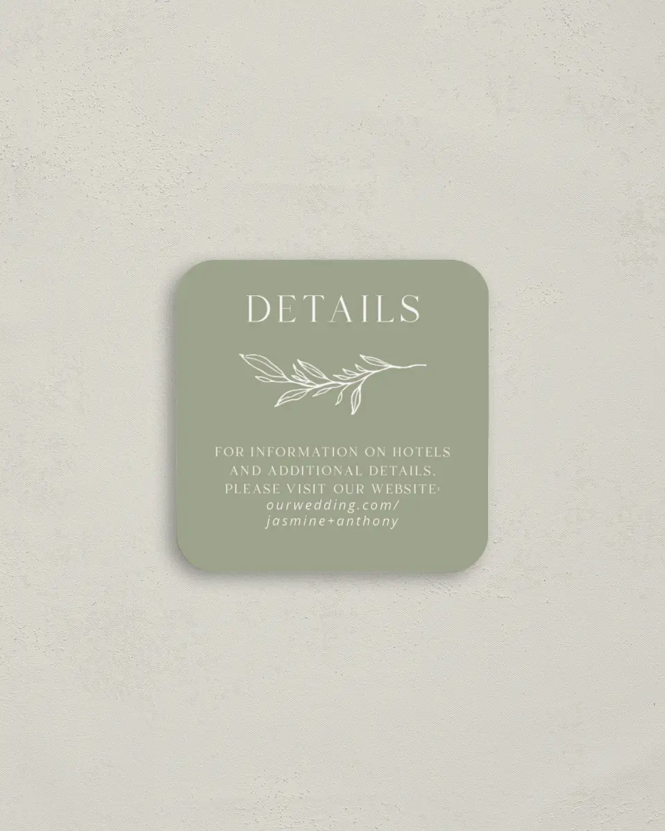 This is a 3¼" x 3¼" Details Card called Delicate Twig printed in full color with Rose Gold foil on Luxe Satin (coated) paper