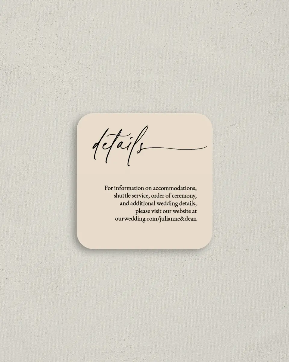 This is a 3¼" x 3¼" Details Card called Script Label printed in full color on Luxe Satin (coated) paper
