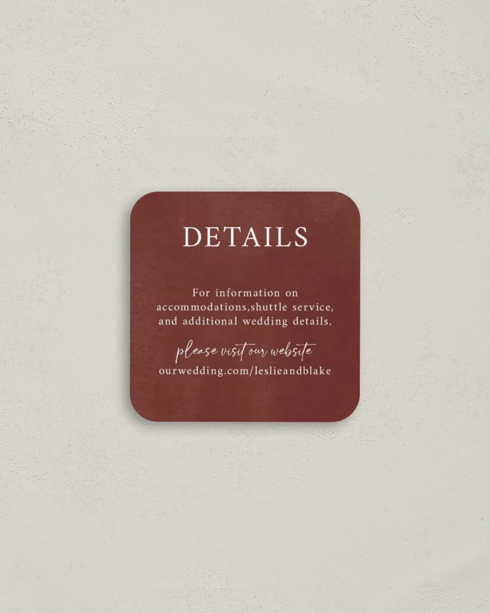 This is a 3¼" x 3¼" Details Card called Plain Rustic printed in full color with Gold foil on Luxe Satin (coated) paper