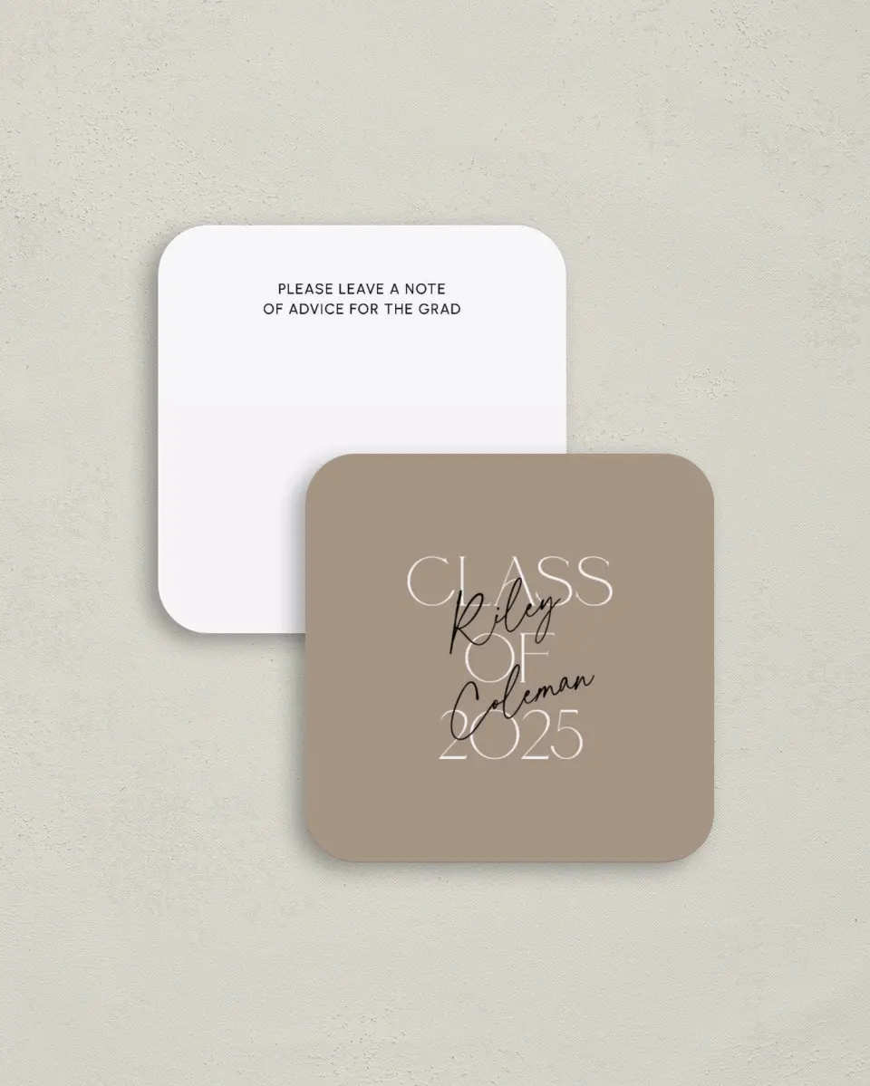 This is a 3¼" x 3¼" Advice Card called Layered Snapshots printed in full color on Luxe Satin (coated) paper