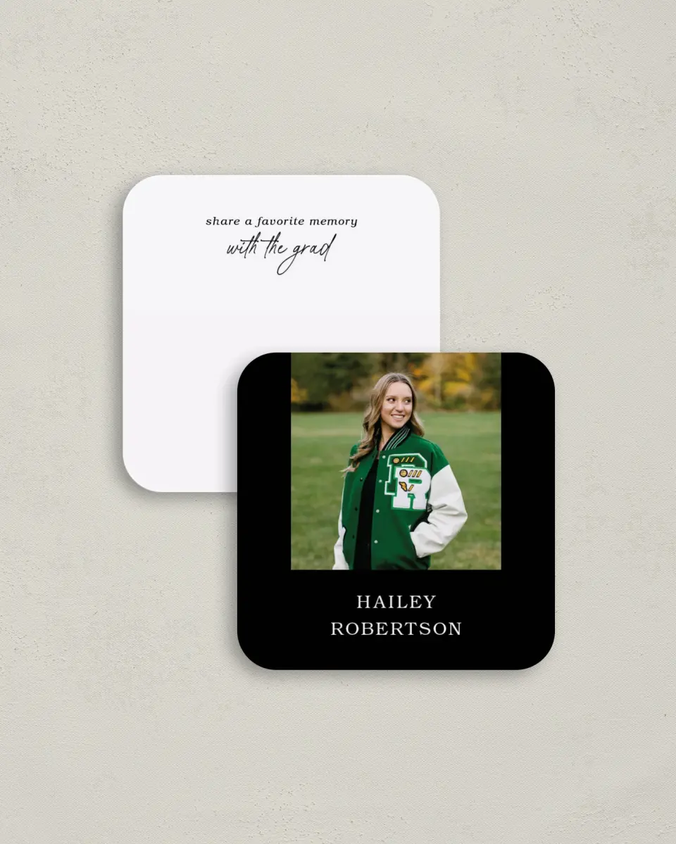 This is a 3¼" x 3¼" Share a Memory Card called Proud Moments printed in full color on Luxe Satin (coated) paper