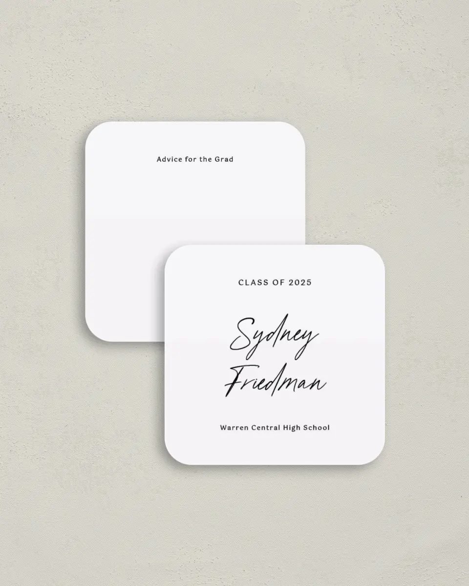 This is a 3¼" x 3¼" Advice Card called Timeless Graduate printed in full color on Luxe Satin (coated) paper