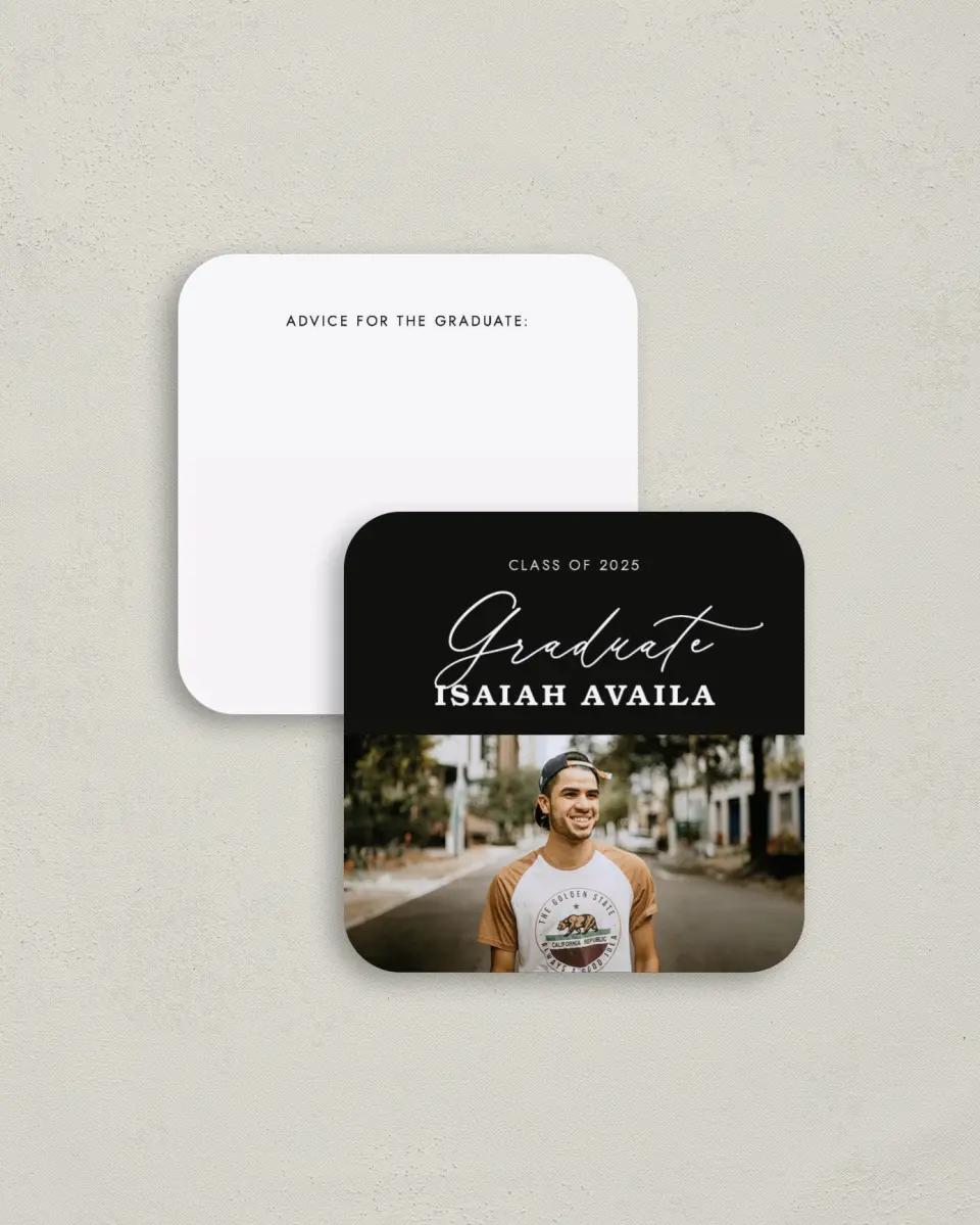 This is a 3¼" x 3¼" Advice Card called Let's Celebrate printed in full color on Luxe Satin (coated) paper