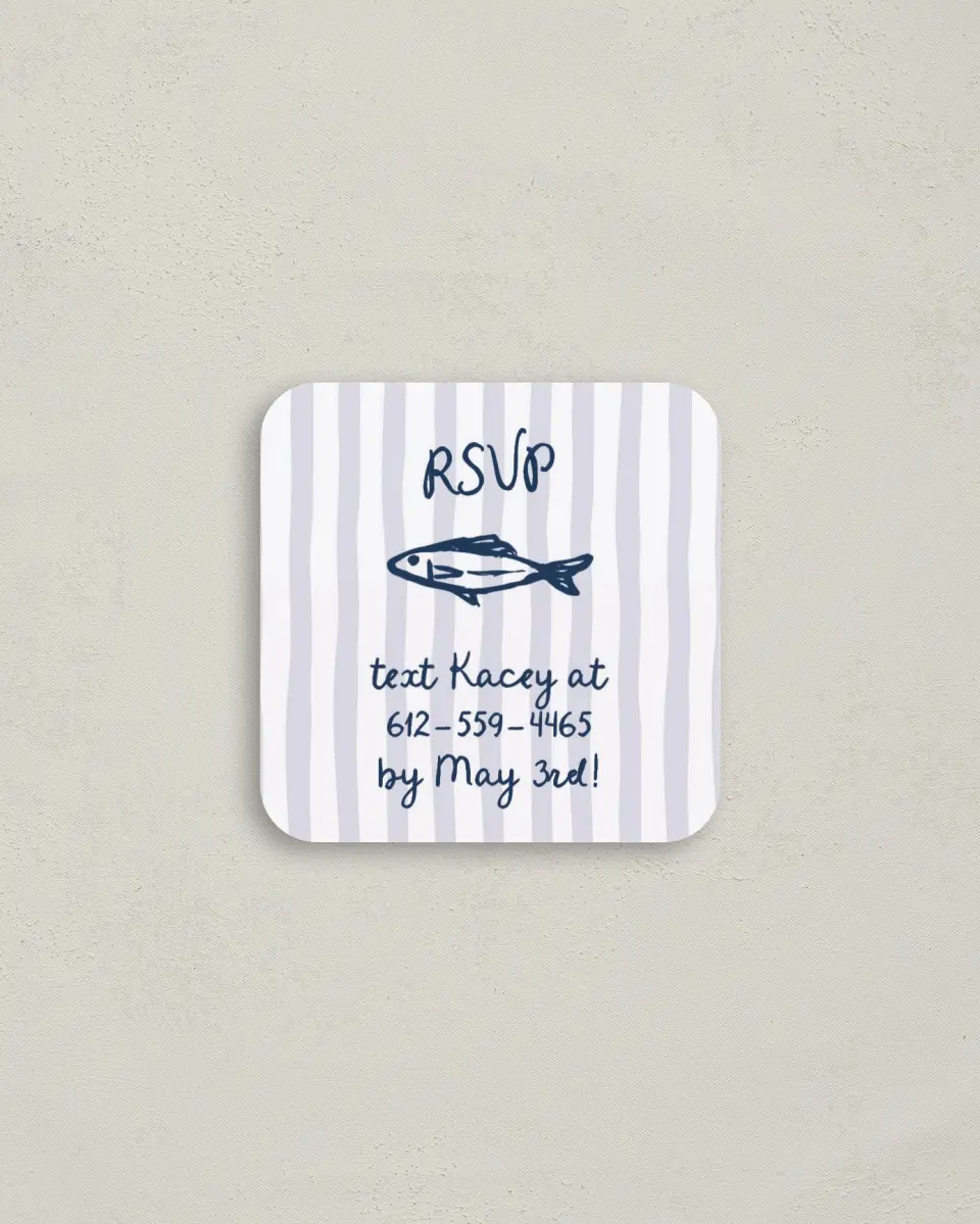 This is a 3¼" x 3¼" Bachelorette Party Thank You Card called She's a Catch printed in full color on Luxe Satin (coated) paper