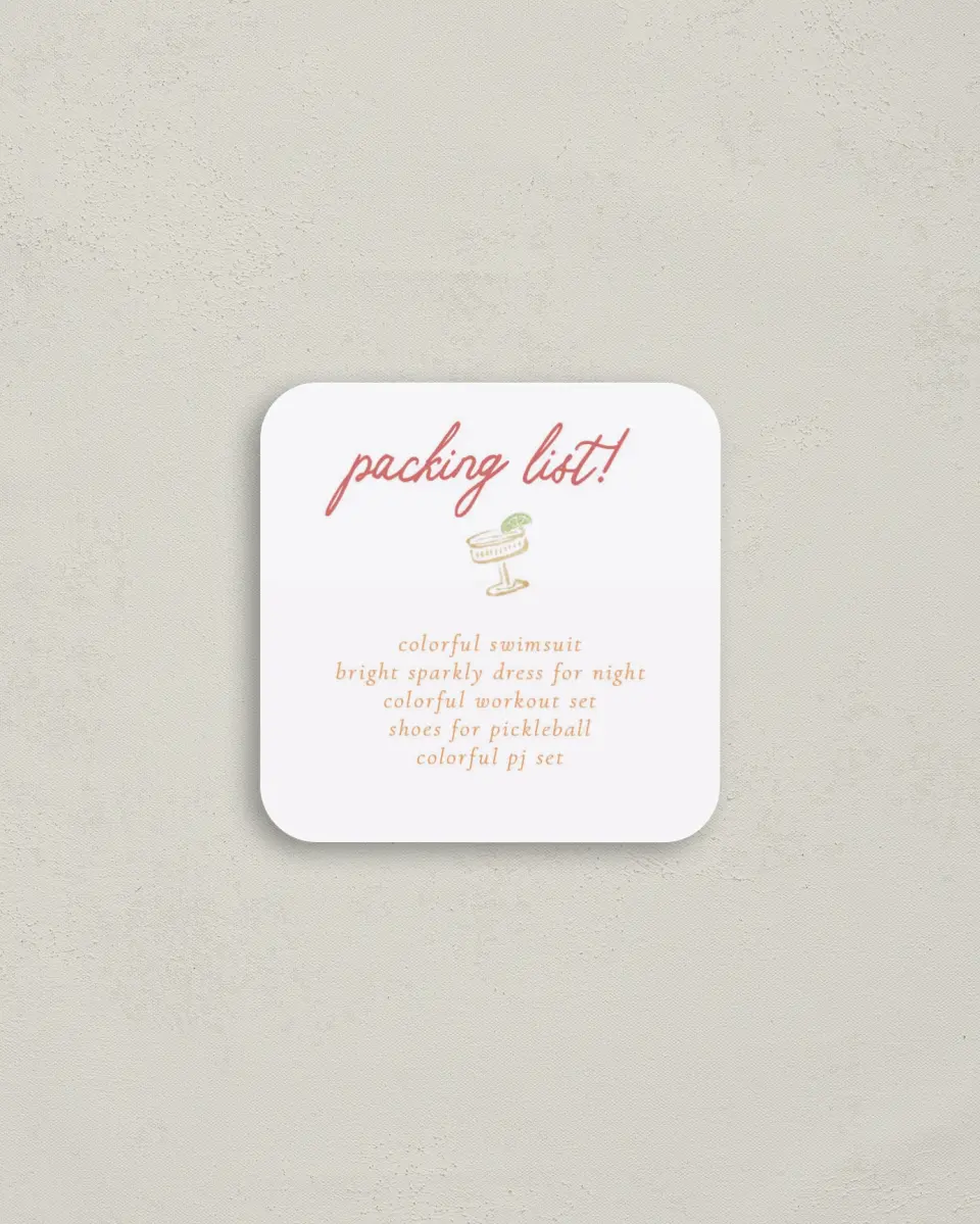 This is a 3¼" x 3¼" Bachelorette Party Thank You Card called Bride's Last Fiesta printed in full color on Luxe Satin (coated) paper