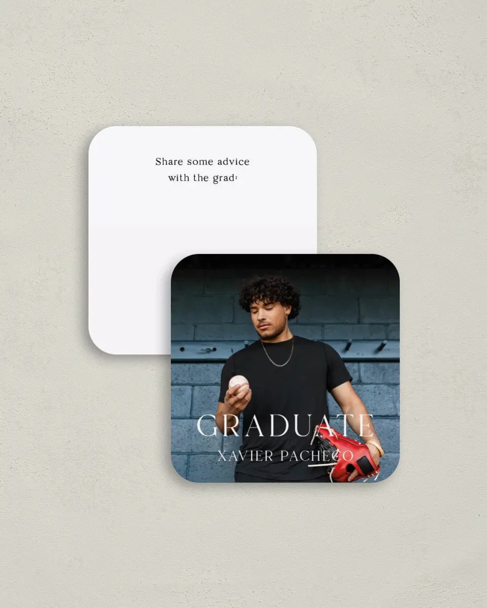 This is a 3¼" x 3¼" Advice Card called Senior Spread printed in full color on Luxe Satin (coated) paper