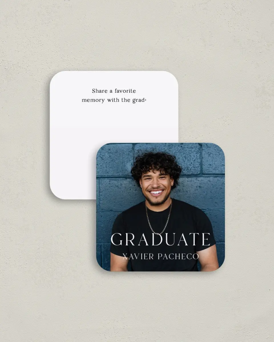 This is a 3¼" x 3¼" Share a Memory Card called Senior Spread printed in full color on Luxe Satin (coated) paper