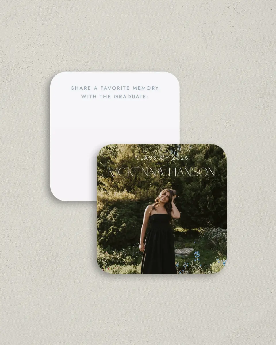 This is a 3¼" x 3¼" Share a Memory Card called Graceful Grad printed in full color on Luxe Satin (coated) paper