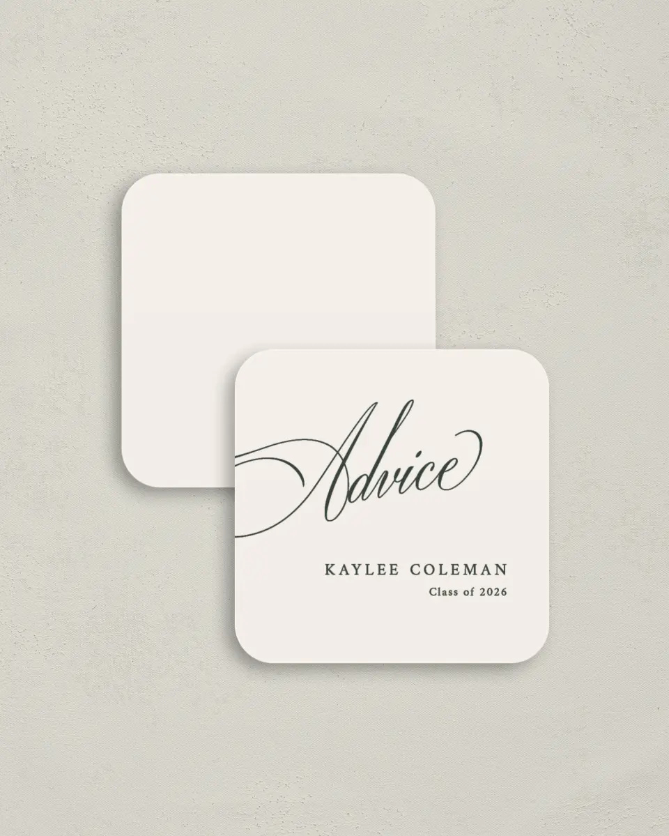 This is a 3¼" x 3¼" Advice Card called Grand Flourish printed in full color on Luxe Satin (coated) paper
