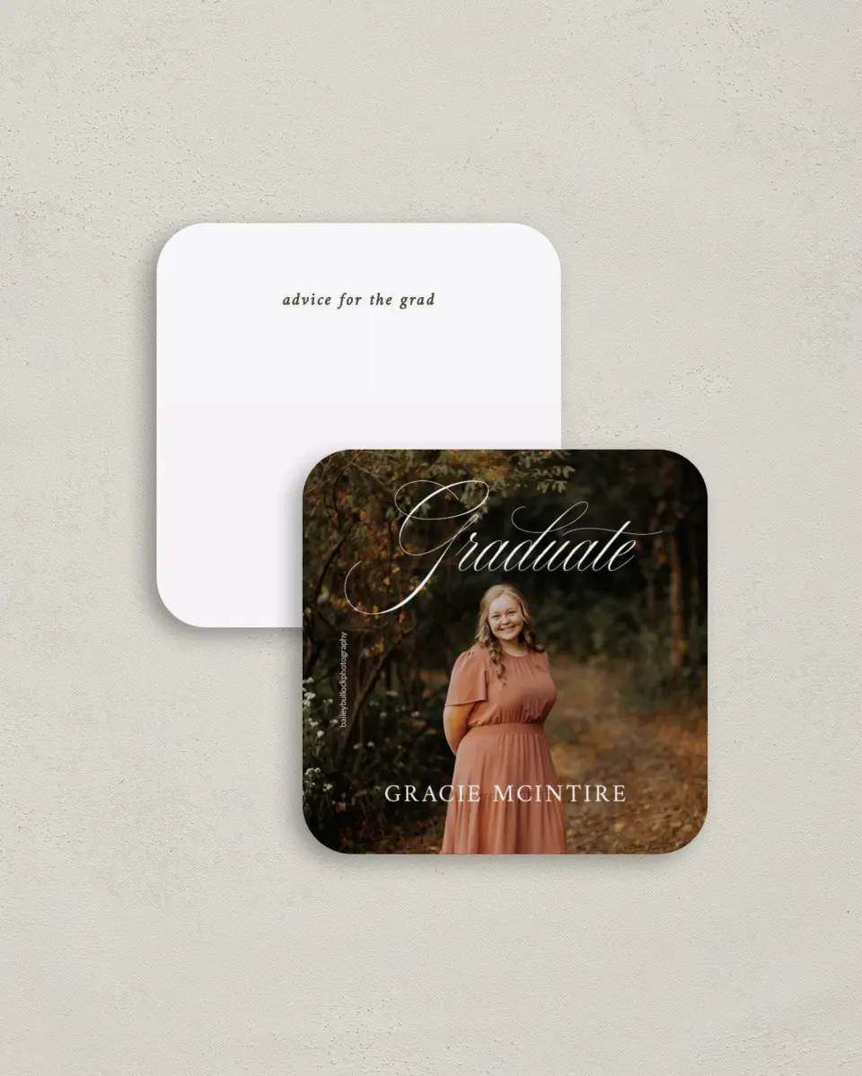 This is a 3¼" x 3¼" Advice Card called Refined Celebration printed in full color on Luxe Satin (coated) paper