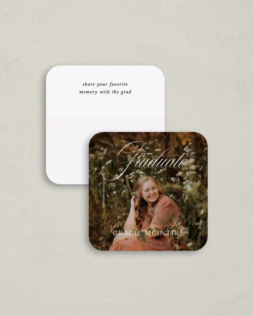 This is a 3¼" x 3¼" Share a Memory Card called Refined Celebration printed in full color on Luxe Satin (coated) paper