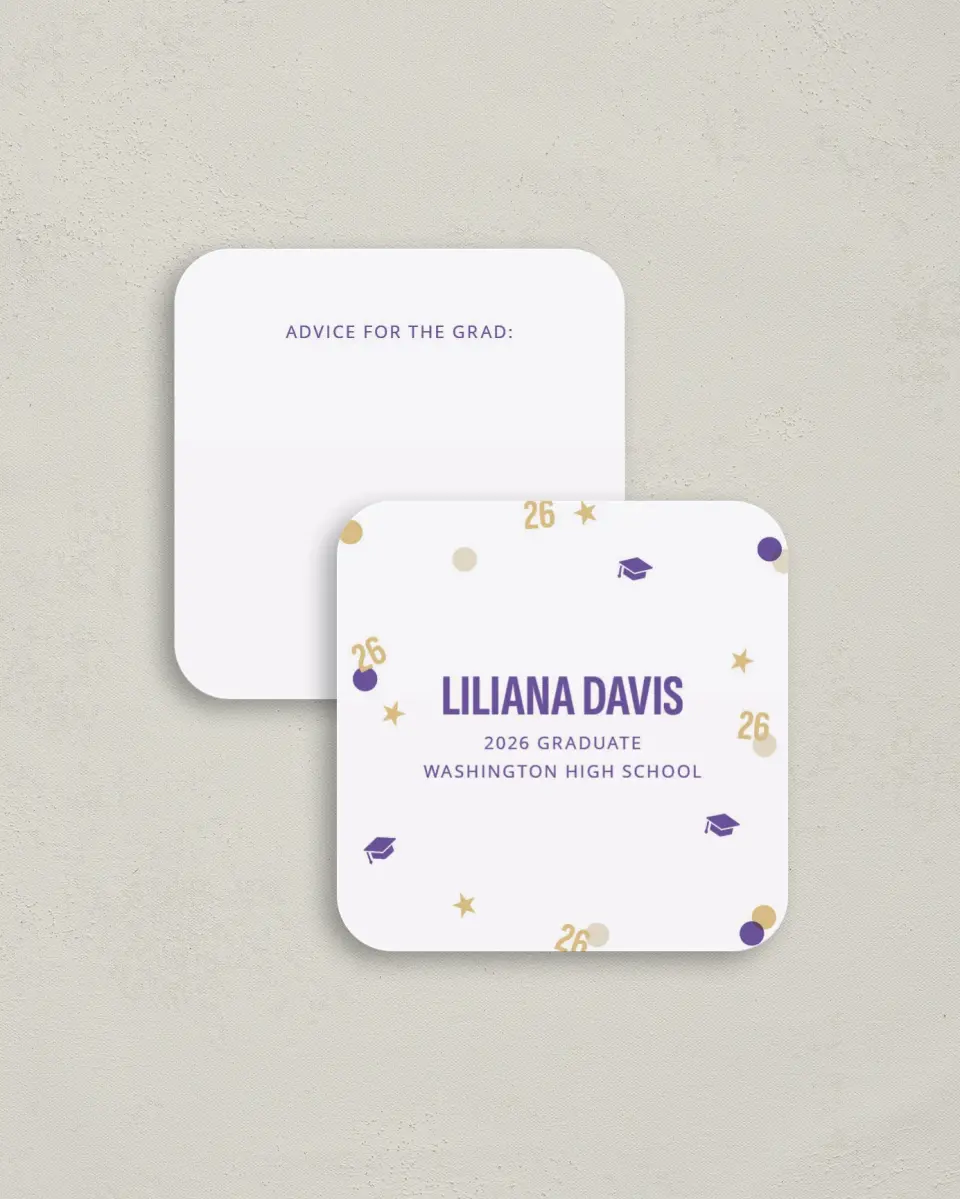 This is a 3¼" x 3¼" Advice Card called Confetti Toss printed in full color on Luxe Satin (coated) paper