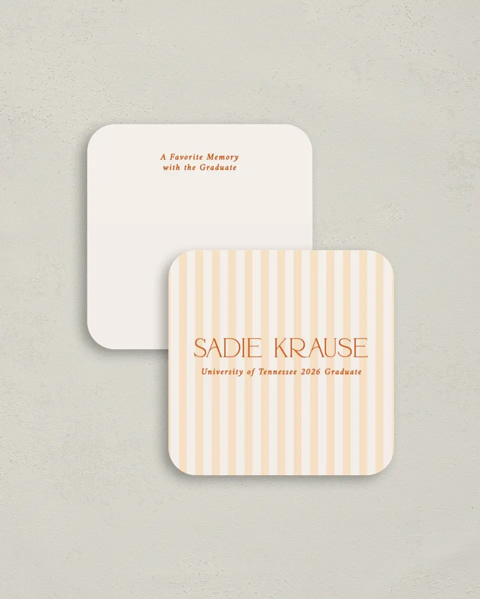 This is a 3¼" x 3¼" Share a Memory Card called Senior Stripes printed in full color on Luxe Satin (coated) paper