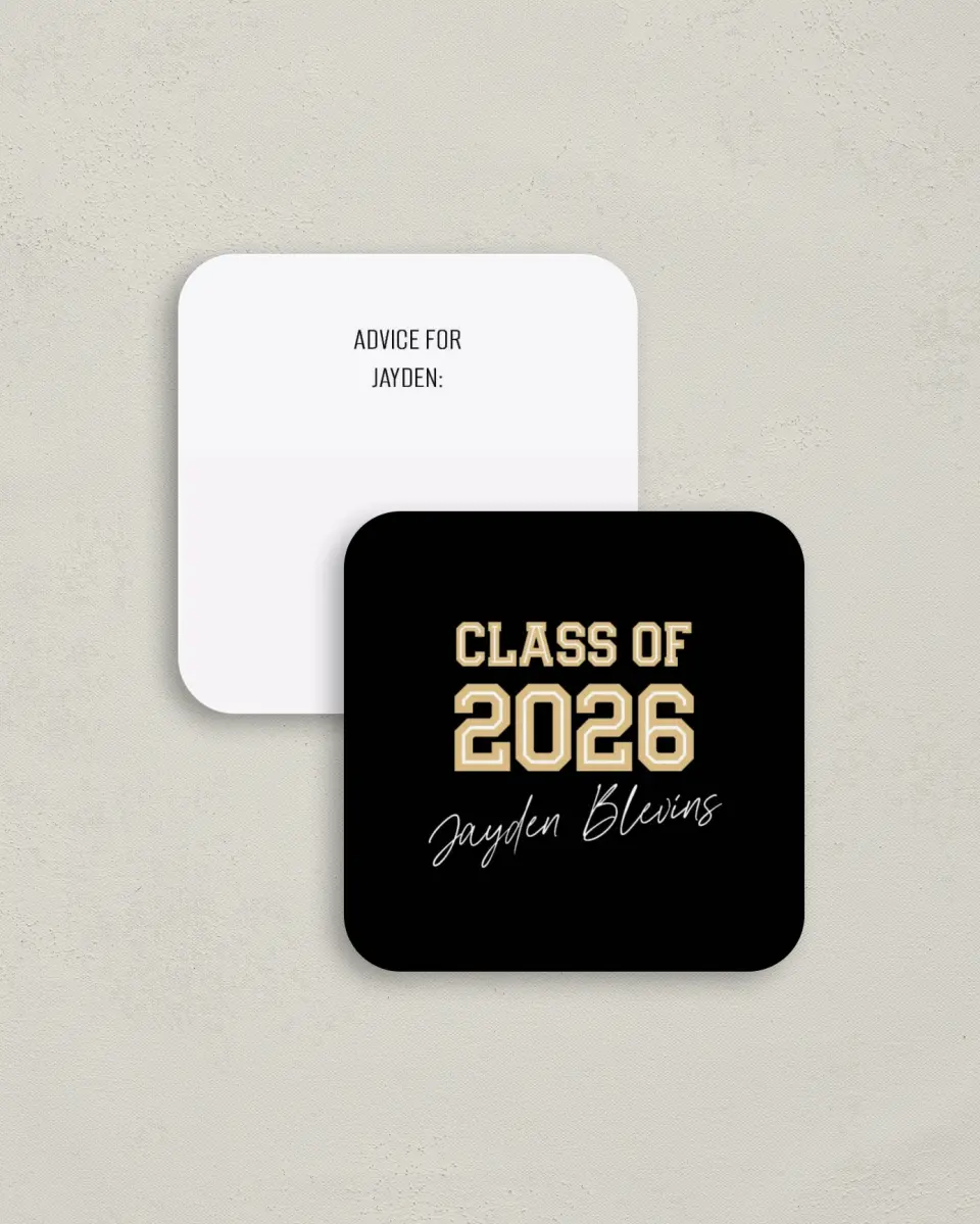 This is a 3¼" x 3¼" Advice Card called Varsity Vibes printed in full color on Luxe Satin (coated) paper