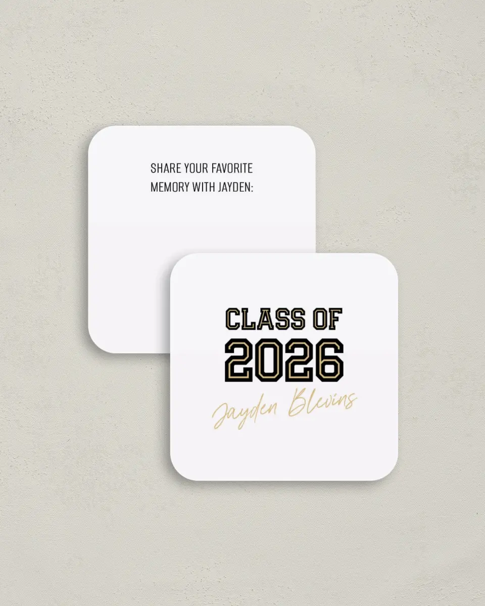 This is a 3¼" x 3¼" Share a Memory Card called Varsity Vibes printed in full color on Luxe Satin (coated) paper