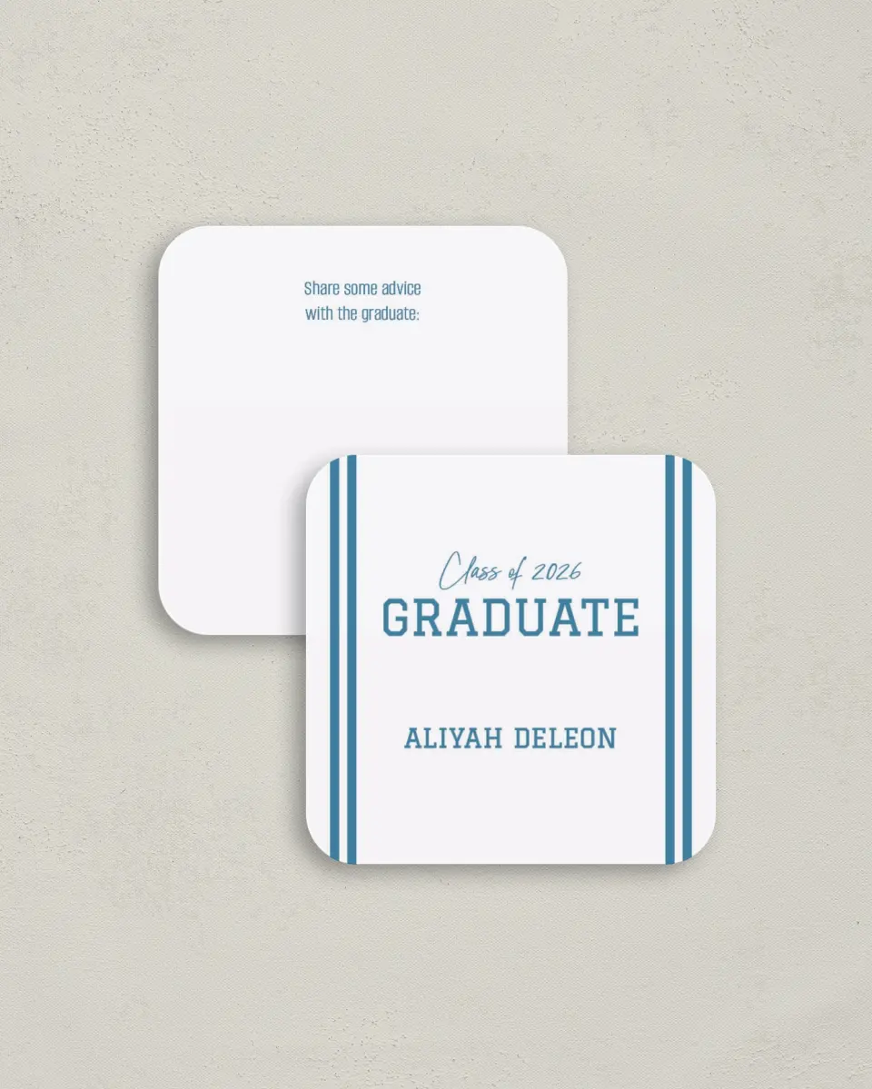 This is a 3¼" x 3¼" Advice Card called Varsity Stripes printed in full color on Luxe Satin (coated) paper