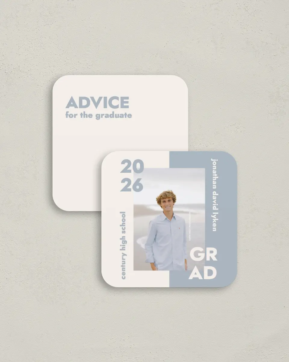 This is a 3¼" x 3¼" Advice Card called Changing Chapters printed in full color on Luxe Satin (coated) paper