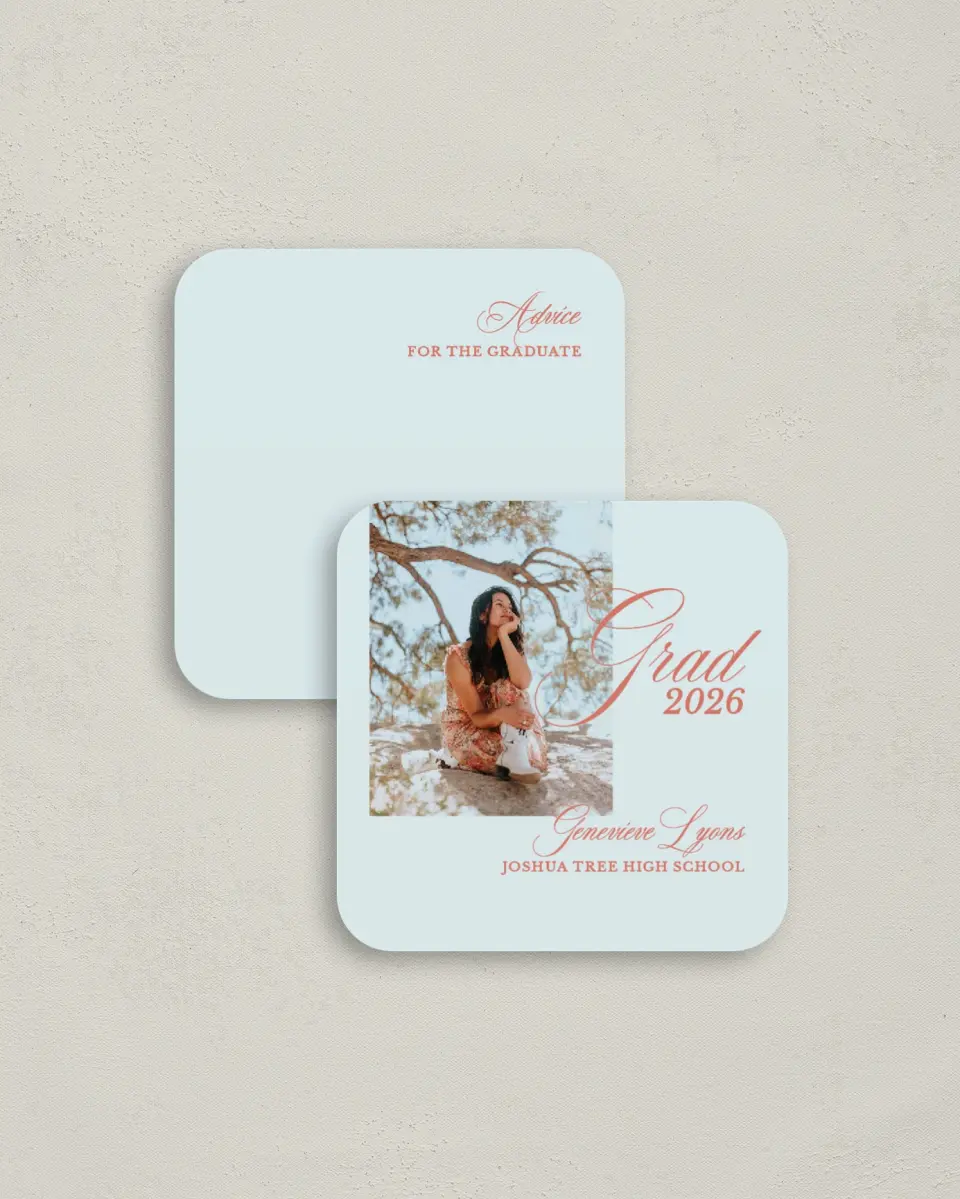 This is a 3¼" x 3¼" Advice Card called Scripted Accolades printed in full color on Luxe Satin (coated) paper