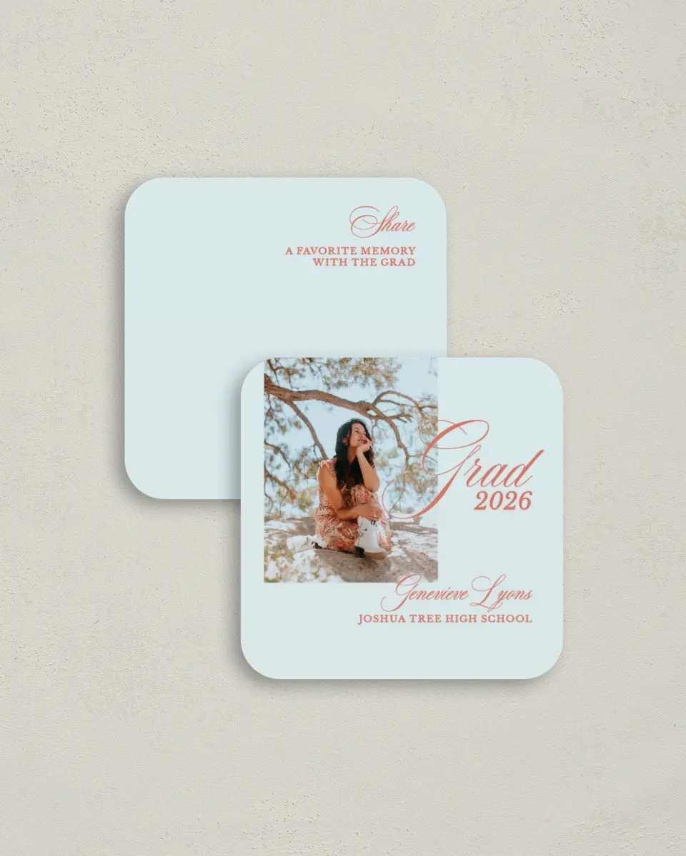 This is a 3¼" x 3¼" Share a Memory Card called Scripted Accolades printed in full color on Luxe Satin (coated) paper