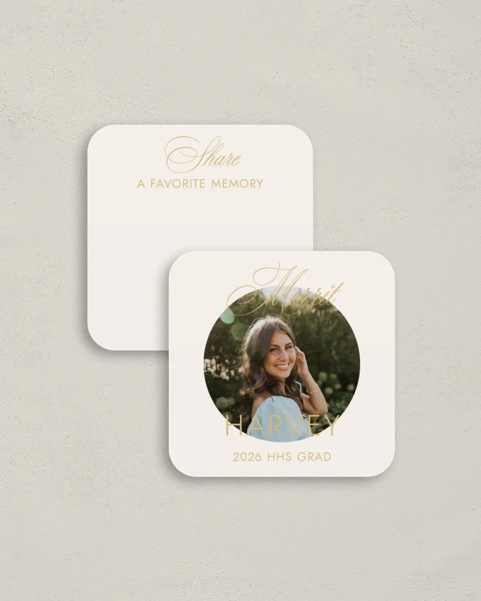 This is a 3¼" x 3¼" Share a Memory Card called Stay Golden printed in full color on Luxe Satin (coated) paper