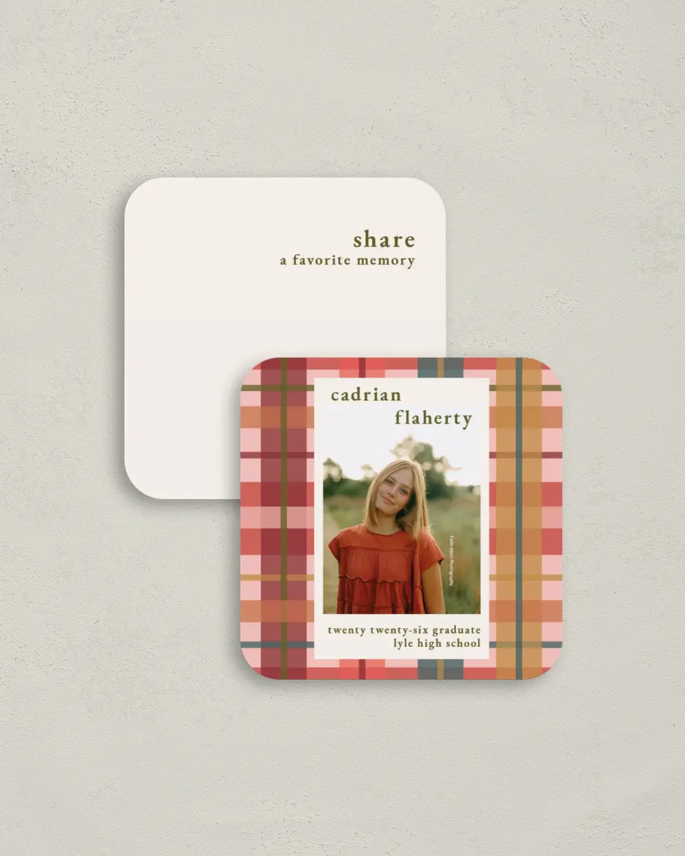 This is a 3¼" x 3¼" Share a Memory Card called Plaid Praise printed in full color on Luxe Satin (coated) paper