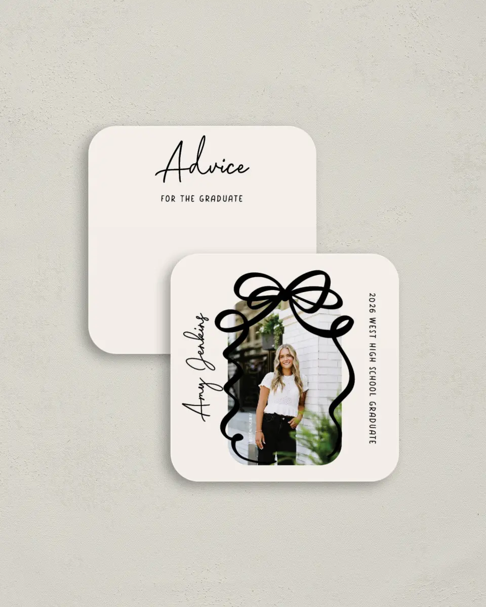 This is a 3¼" x 3¼" Advice Card called All Tied Up printed in full color on Luxe Satin (coated) paper