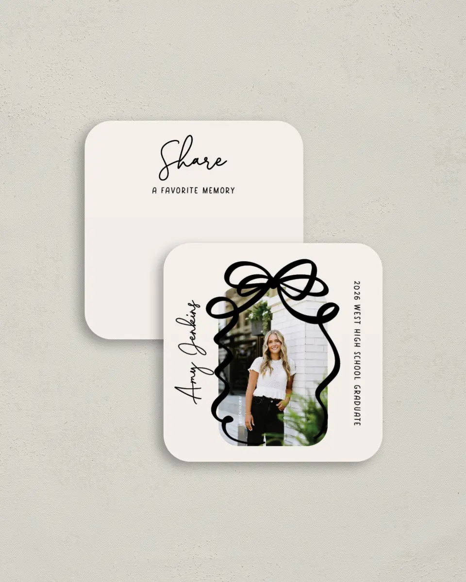 This is a 3¼" x 3¼" Share a Memory Card called All Tied Up printed in full color on Luxe Satin (coated) paper
