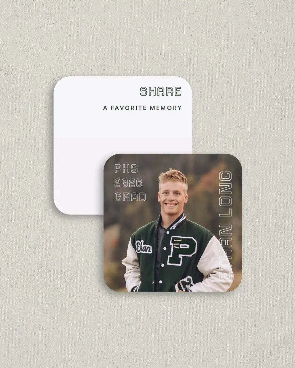 This is a 3¼" x 3¼" Share a Memory Card called Athletic Achievement printed in full color on Luxe Satin (coated) paper