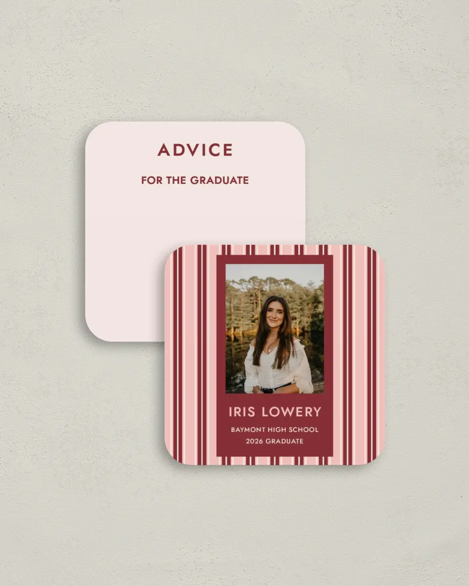 This is a 3¼" x 3¼" Advice Card called Striped Admiration printed in full color on Luxe Satin (coated) paper