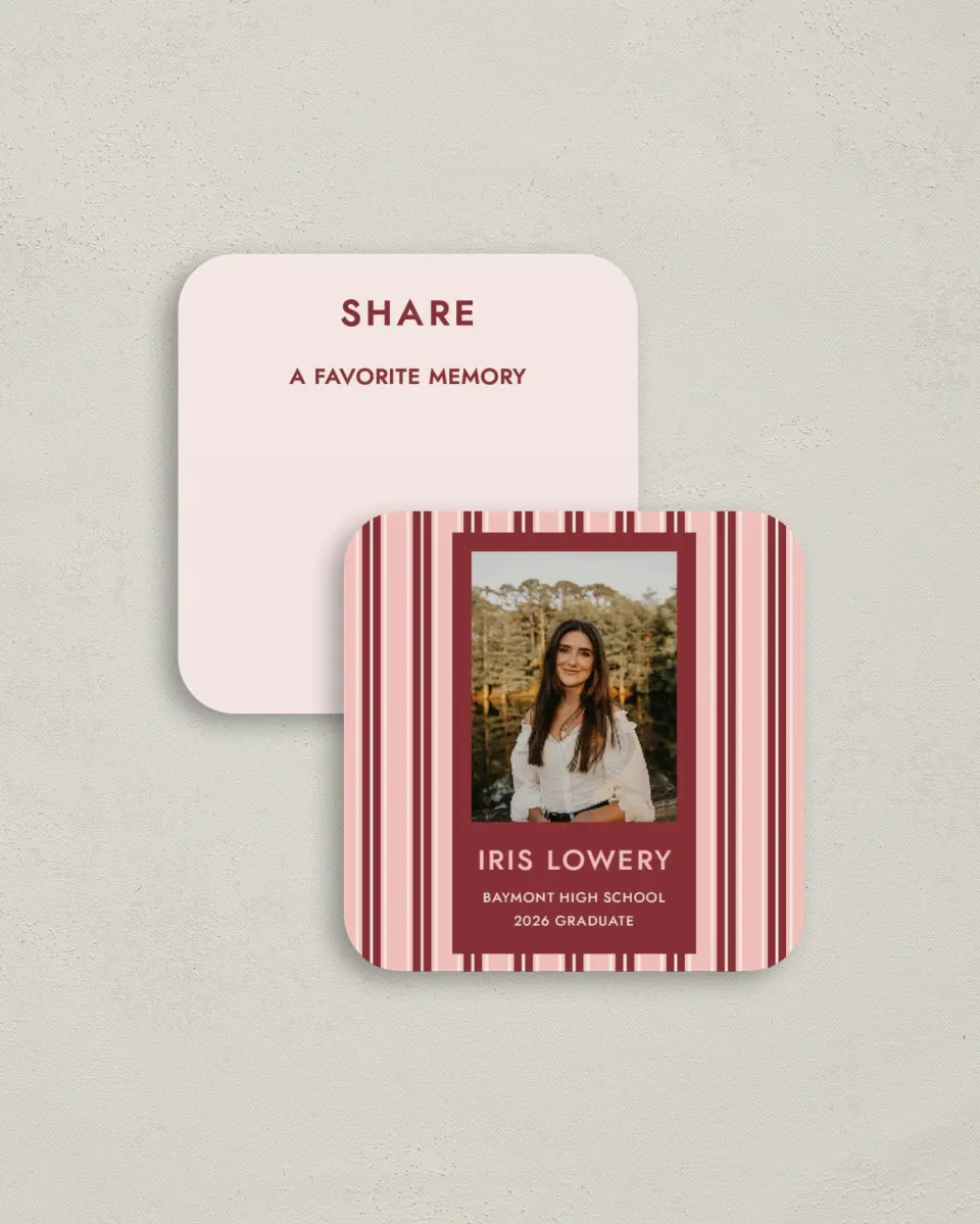 This is a 3¼" x 3¼" Share a Memory Card called Striped Admiration printed in full color on Luxe Satin (coated) paper
