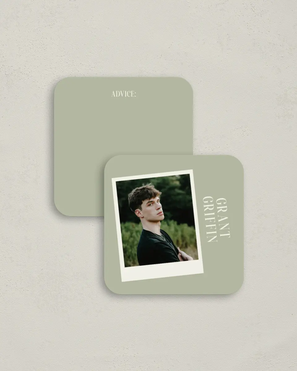 This is a 3¼" x 3¼" Advice Card called Photo Booth printed in full color on Luxe Satin (coated) paper