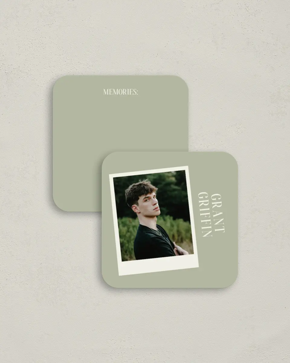 This is a 3¼" x 3¼" Share a Memory Card called Photo Booth printed in full color on Luxe Satin (coated) paper