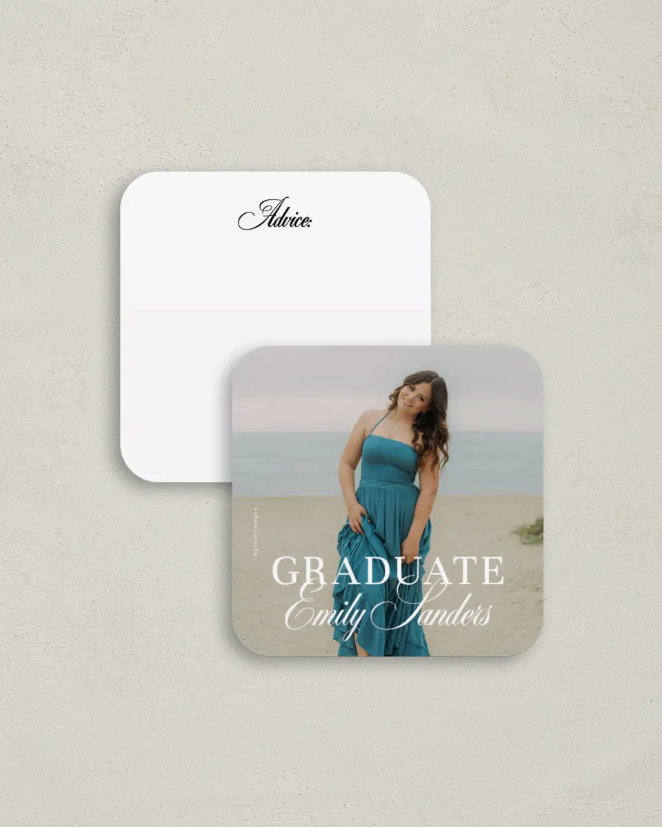 This is a 3¼" x 3¼" Advice Card called Scholarly Elegance printed in full color on Luxe Satin (coated) paper