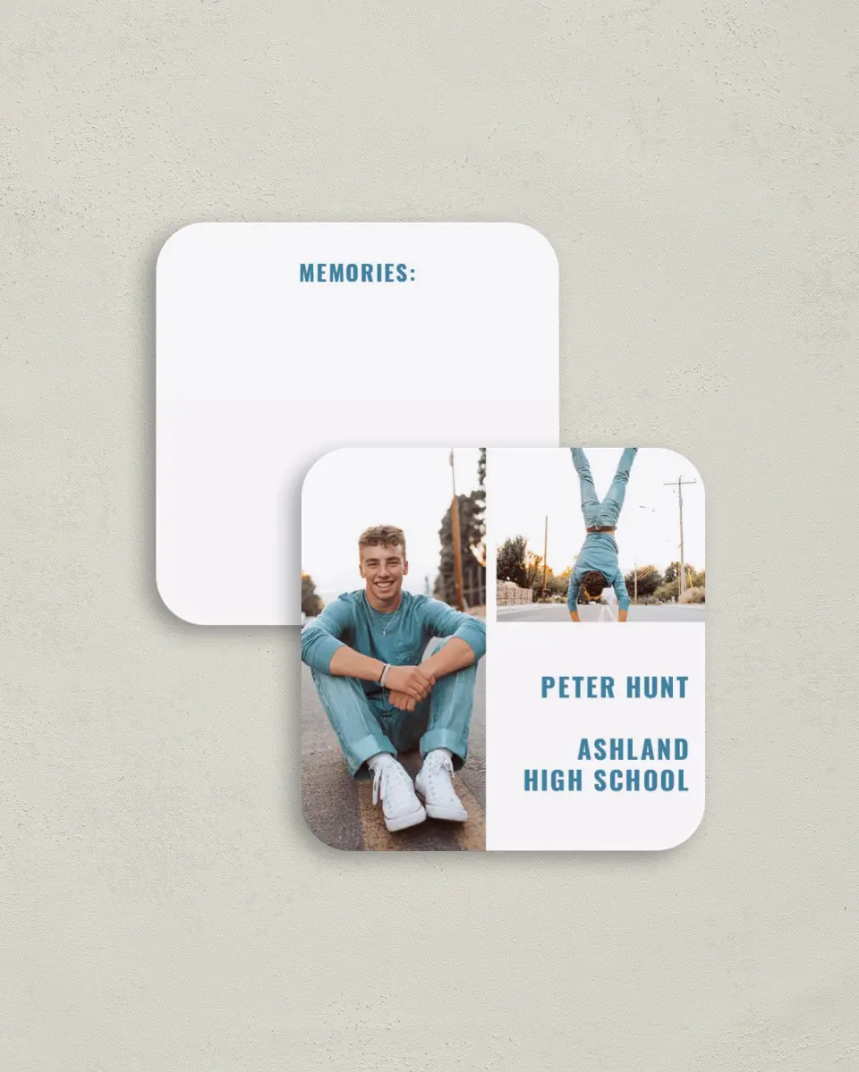 This is a 3¼" x 3¼" Share a Memory Card called Modern Milestone printed in full color on Luxe Satin (coated) paper