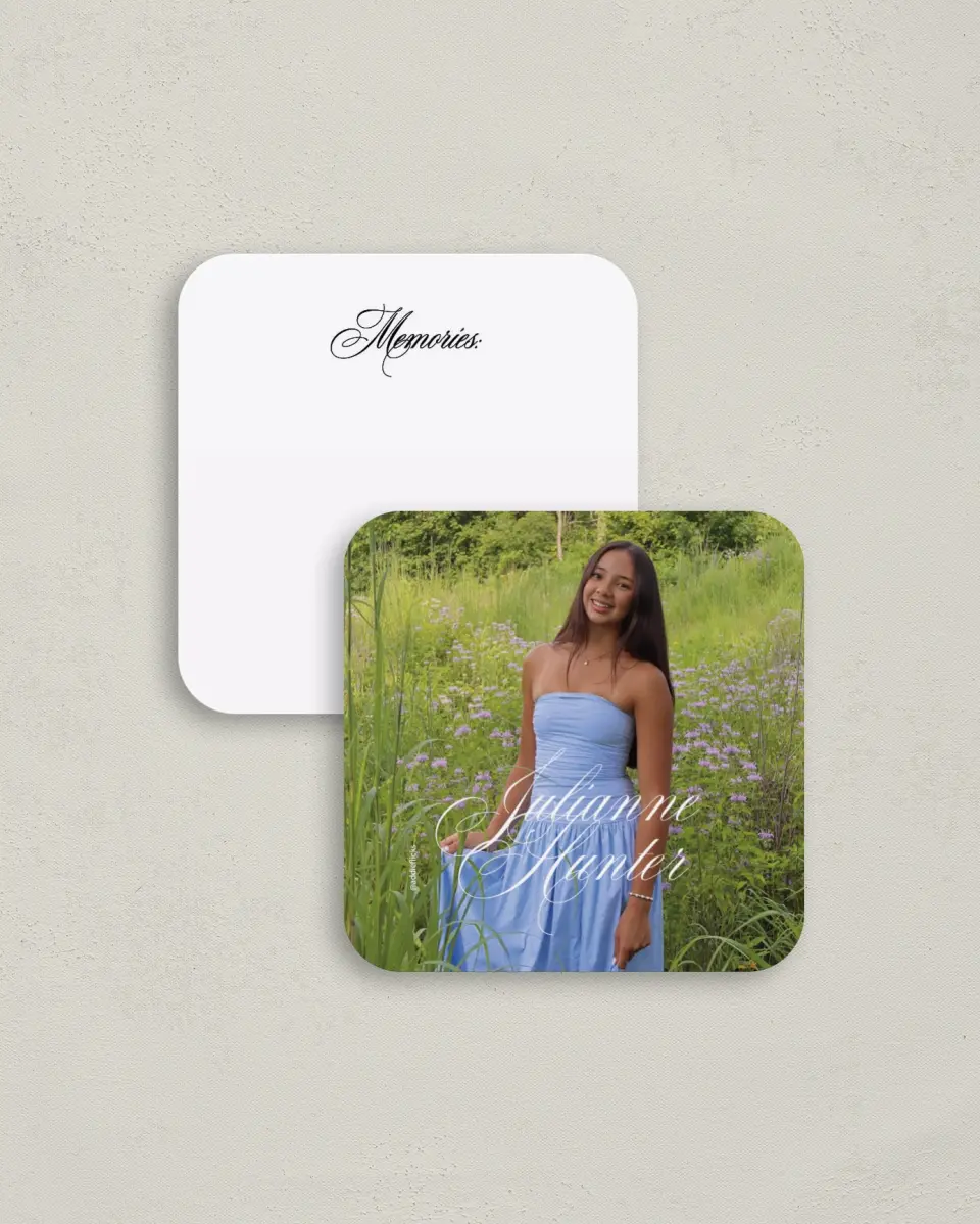 This is a 3¼" x 3¼" Share a Memory Card called Elegant Grad printed in full color on Luxe Satin (coated) paper