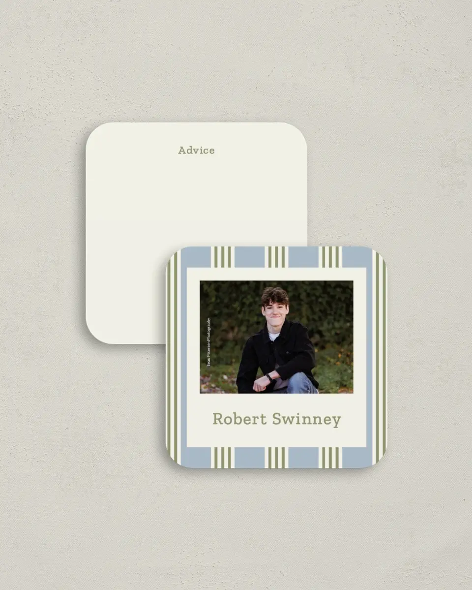 This is a 3¼" x 3¼" Advice Card called Framed in Excellence printed in full color on Luxe Satin (coated) paper