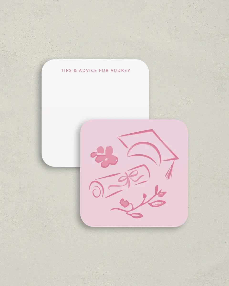 This is a 3¼" x 3¼" Advice Card called Happily in Bloom printed in full color on Luxe Satin (coated) paper