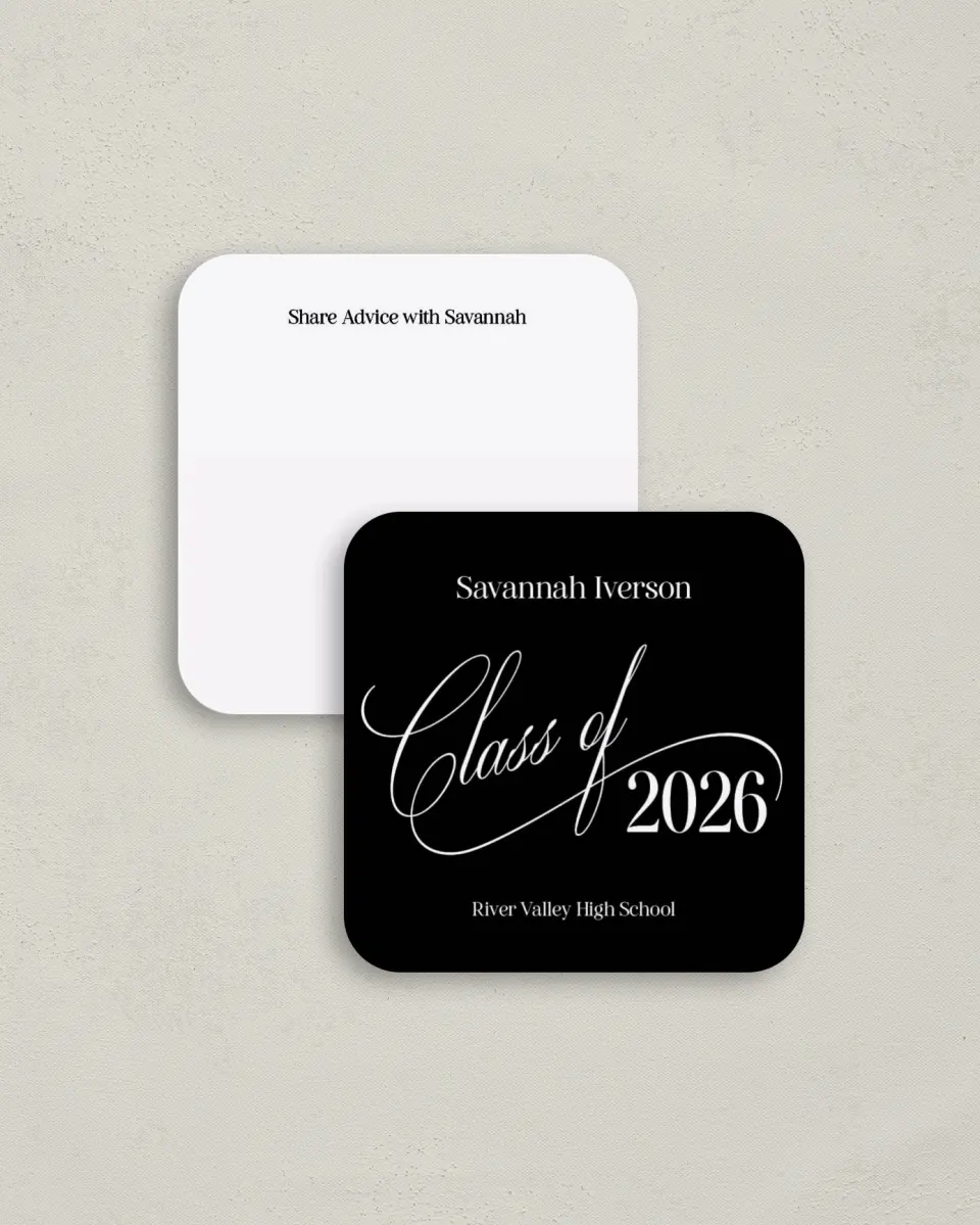 This is a 3¼" x 3¼" Advice Card called Smart & Classy printed in full color on Luxe Satin (coated) paper