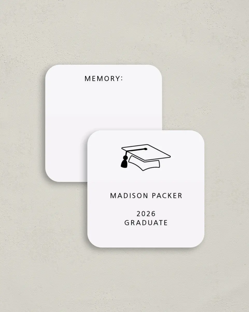 This is a 3¼" x 3¼" Share a Memory Card called Modern Grad printed in full color on Luxe Satin (coated) paper