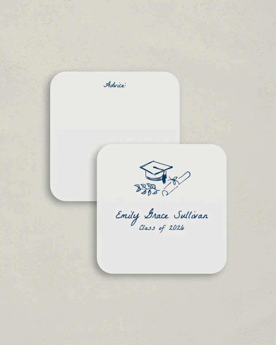 This is a 3¼" x 3¼" Advice Card called Whimsical Grad printed in full color on Luxe Satin (coated) paper