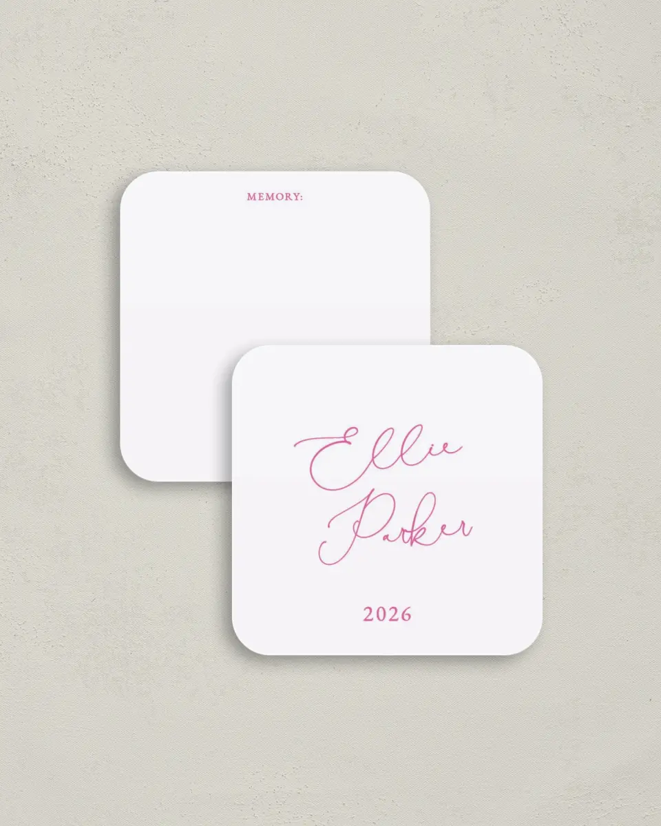 This is a 3¼" x 3¼" Share a Memory Card called Script Grad printed in full color on Luxe Satin (coated) paper