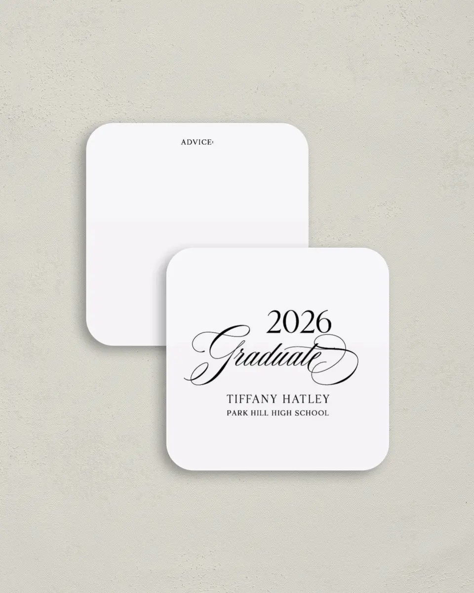 This is a 3¼" x 3¼" Advice Card called Graduate Script printed in full color on Luxe Satin (coated) paper