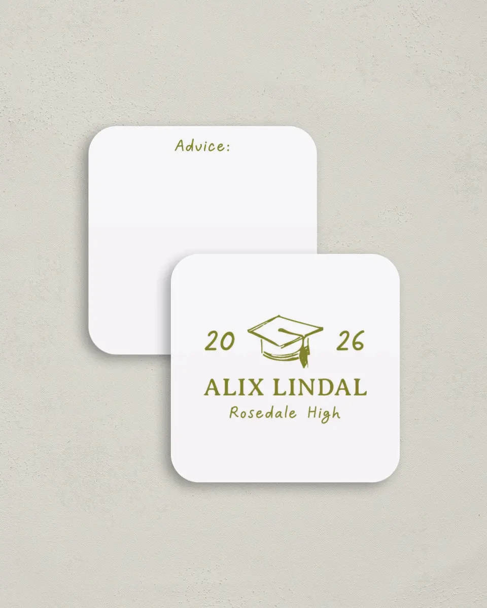 This is a 3¼" x 3¼" Advice Card called Grad Frame Art printed in full color on Luxe Satin (coated) paper