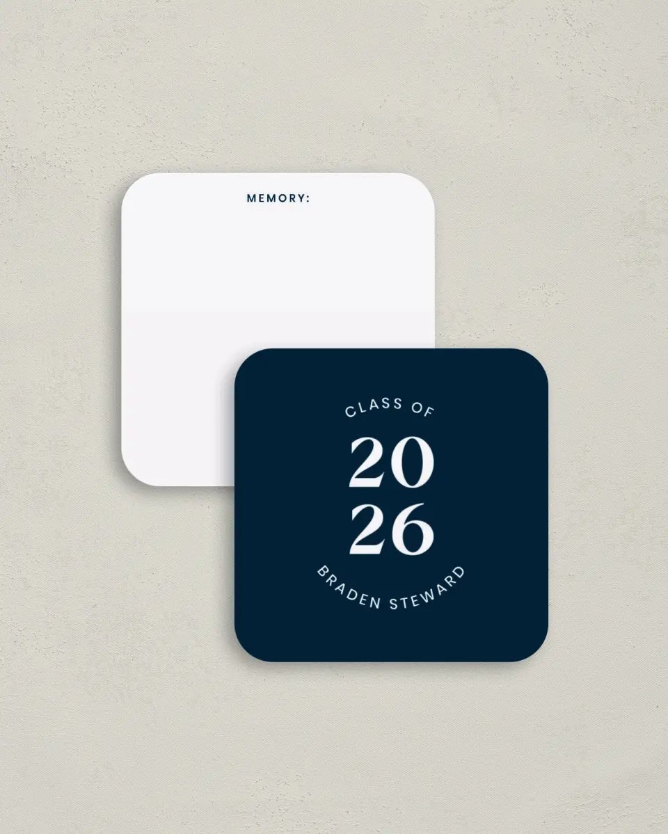 This is a 3¼" x 3¼" Share a Memory Card called Sporty Grad printed in full color on Luxe Satin (coated) paper