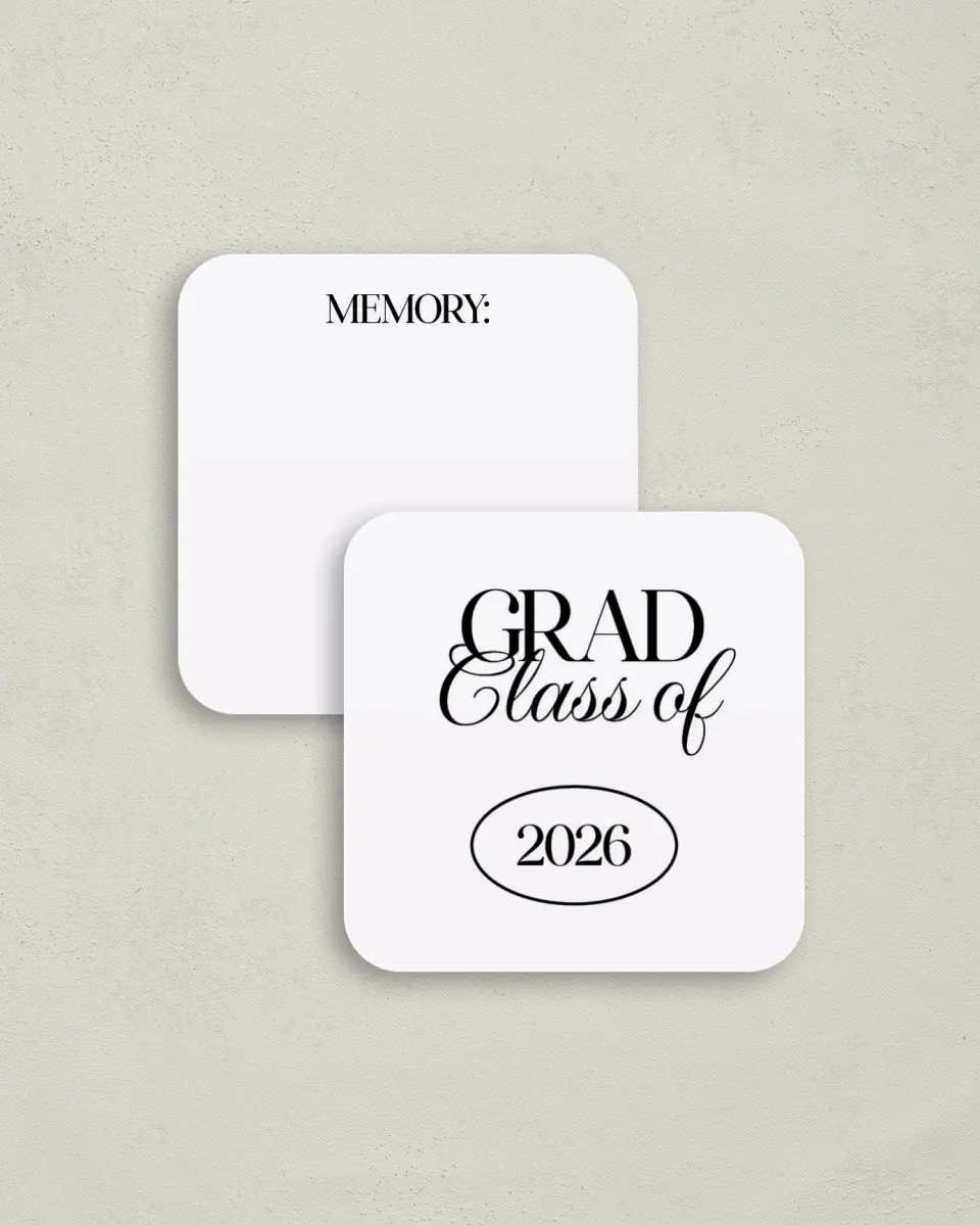This is a 3¼" x 3¼" Share a Memory Card called Retro Grad printed in full color on Luxe Satin (coated) paper