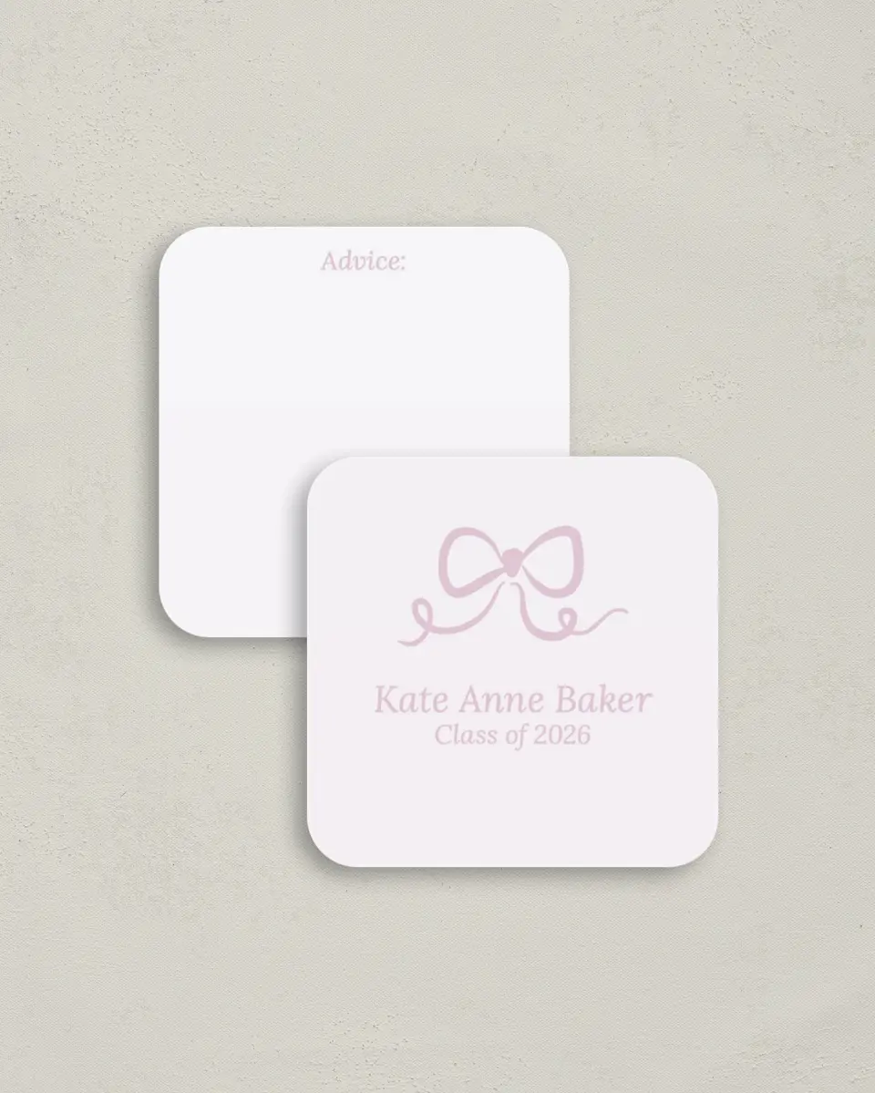 This is a 3¼" x 3¼" Advice Card called Bow Grad printed in full color on Luxe Satin (coated) paper