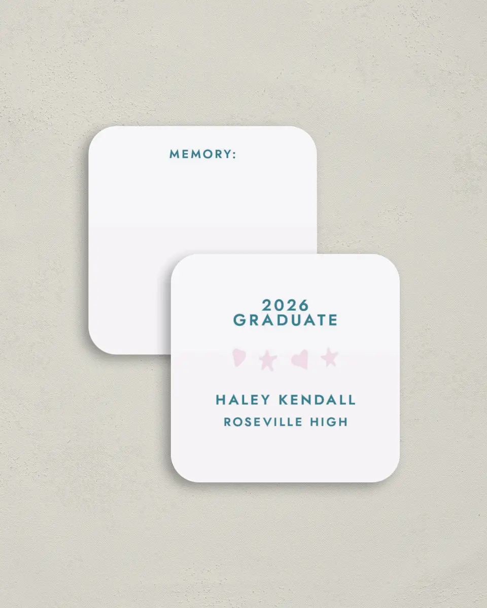 This is a 3¼" x 3¼" Share a Memory Card called Fun Grad printed in full color on Luxe Satin (coated) paper