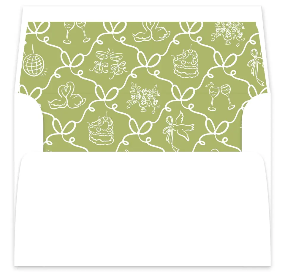 This is a  7⅝" x 7⅞" Envelope Liners (ELA) called Wedding Whimsy printed in full color
