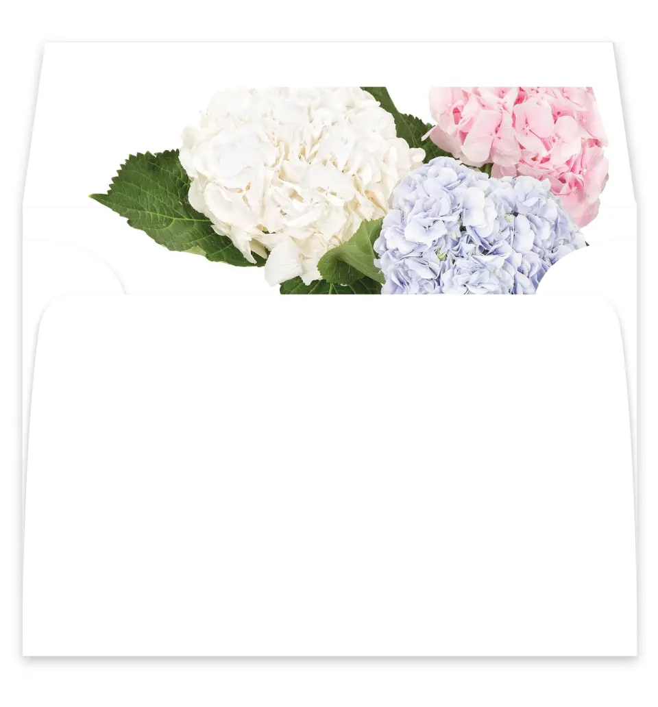 This is a  7¼" x 6⅞" Envelope Liners (ELF) called Antique Hydrangea printed in full color