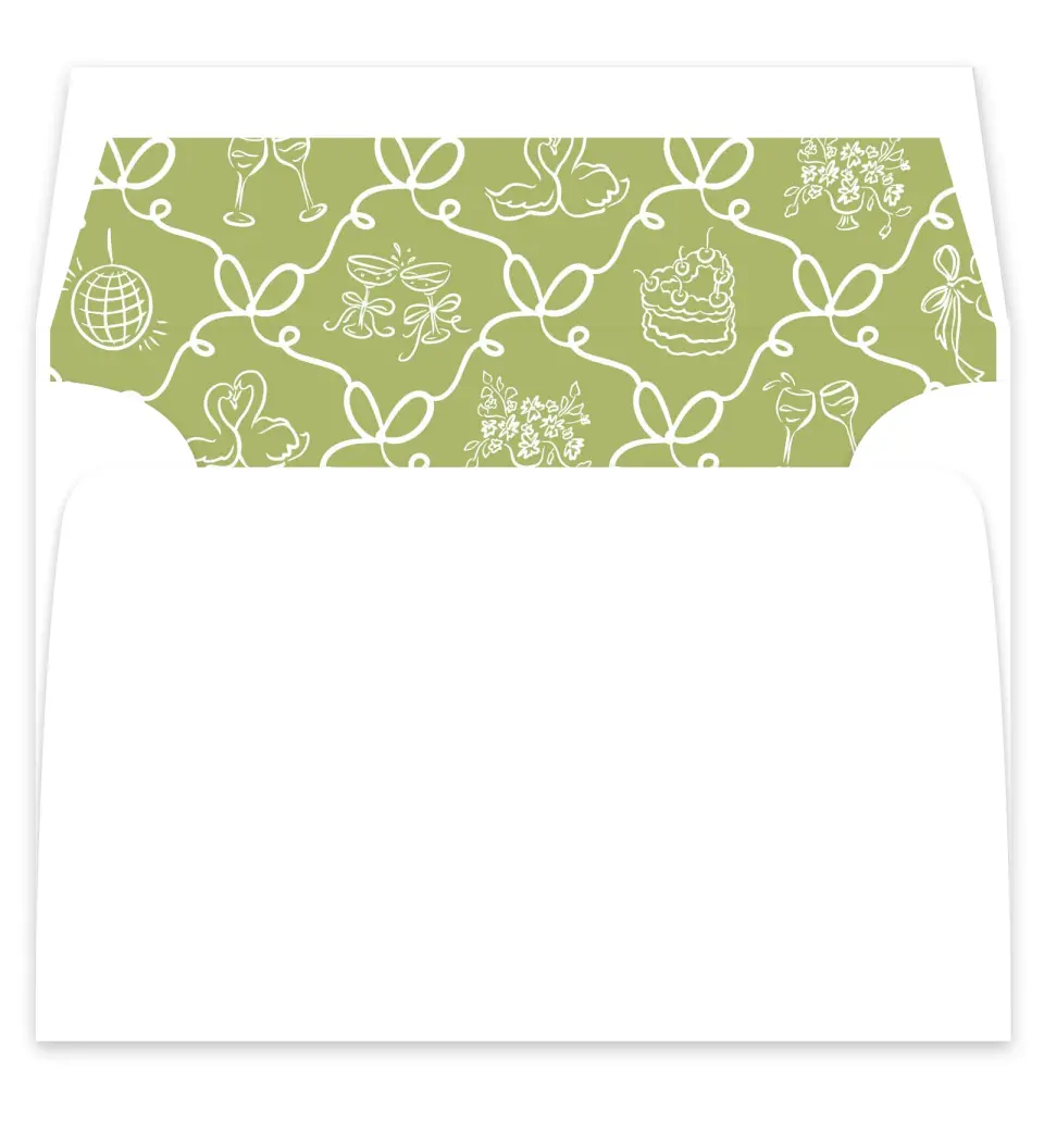 This is a  7¼" x 6⅞" Envelope Liners (ELF) called Wedding Whimsy printed in full color